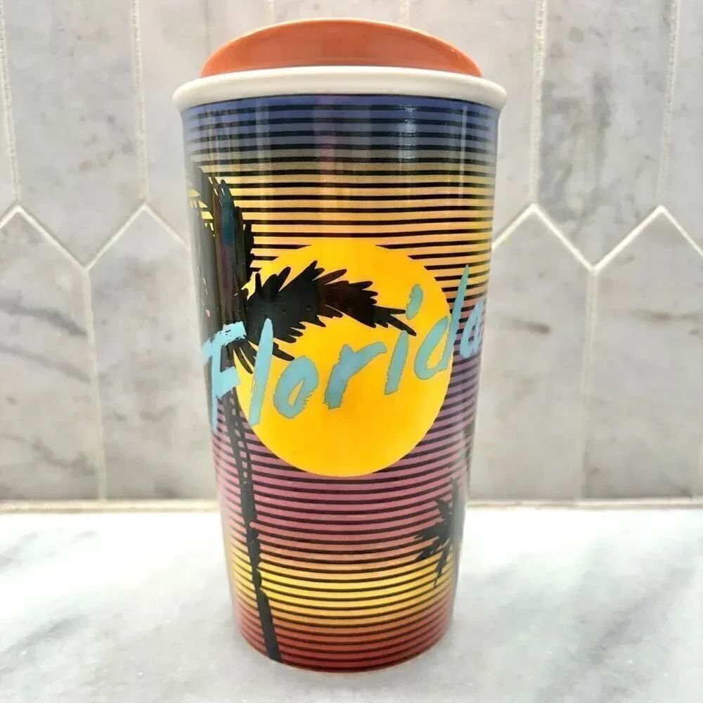 Vintage Starbucks Florida 2016 Sunset Palm Trees Ceramic Tumbler W/ Lid Multi 12